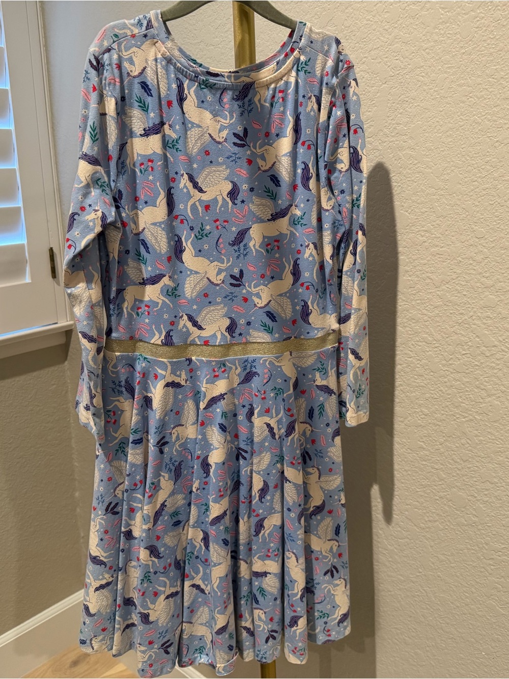 Mini Boden Light Blue Unicorn Print Long Sleeve Kids Dress